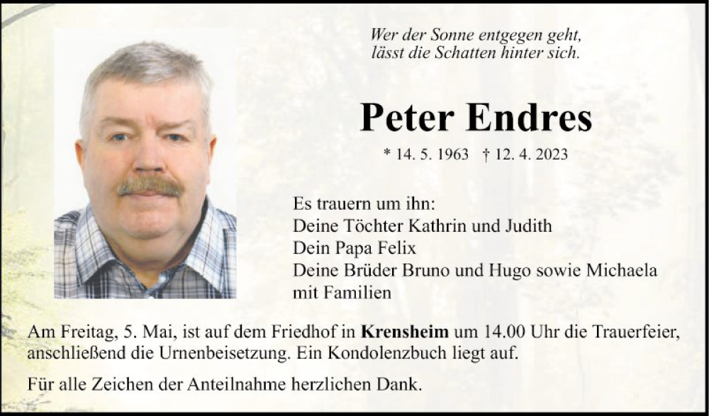  Traueranzeige für Peter Endres vom 29.04.2023 aus Fränkische Nachrichten