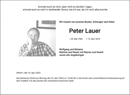 Traueranzeige von Peter Lauer von Fränkische Nachrichten