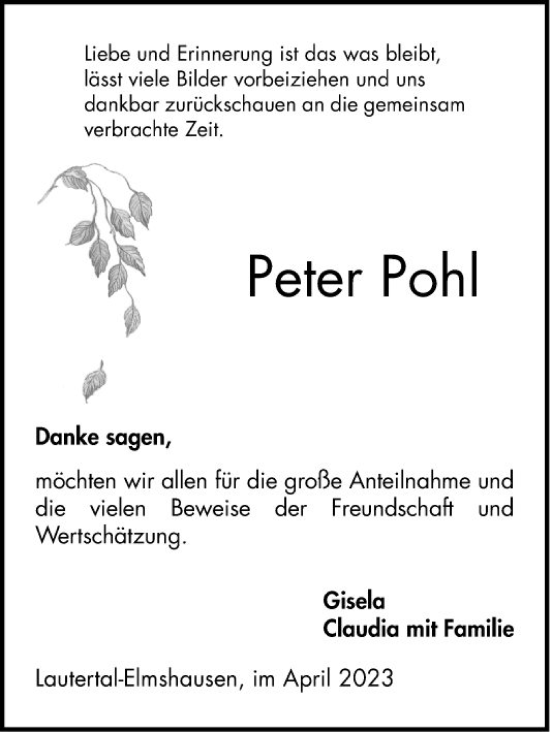 Traueranzeige von Peter Pohl von Bergsträßer Anzeiger