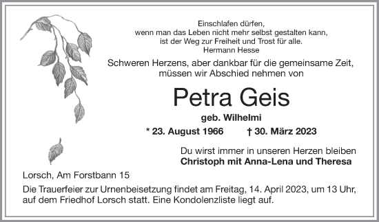 Traueranzeige von Petra Geis von Bergsträßer Anzeiger