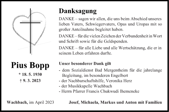 Traueranzeige von Pius Bopp von Fränkische Nachrichten