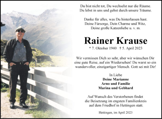 Traueranzeige von Rainer Krause von Fränkische Nachrichten