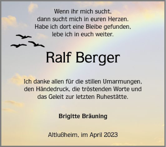 Traueranzeige von Ralf Berger von Schwetzinger Zeitung