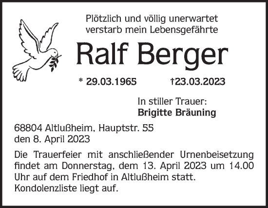 Traueranzeige von Ralf Berger von Schwetzinger Zeitung