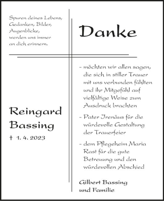 Traueranzeige von Reingard Bassing von Fränkische Nachrichten