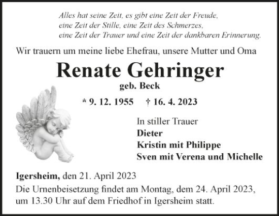 Traueranzeige von Renate Gehringer von Fränkische Nachrichten