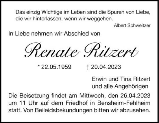 Traueranzeigen von Renate Ritzert | Trauerportal Ihrer Tageszeitung