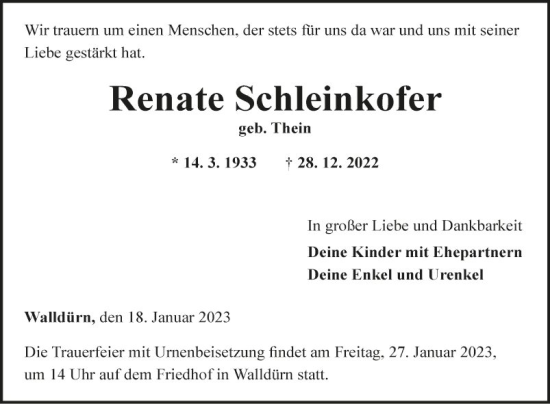 Traueranzeige von Renate Schleinkofer von Fränkische Nachrichten