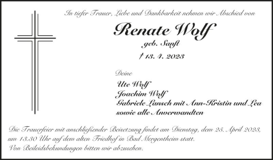 Traueranzeige von Renate Wolf von Fränkische Nachrichten