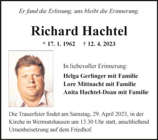 Traueranzeige von Richard Hachtel von Fränkische Nachrichten