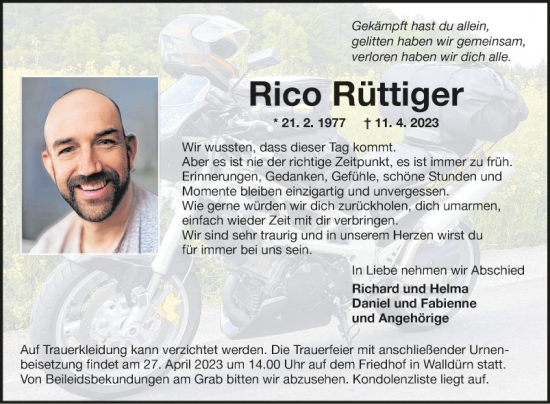 Traueranzeige von Rico Rüttiger von Fränkische Nachrichten