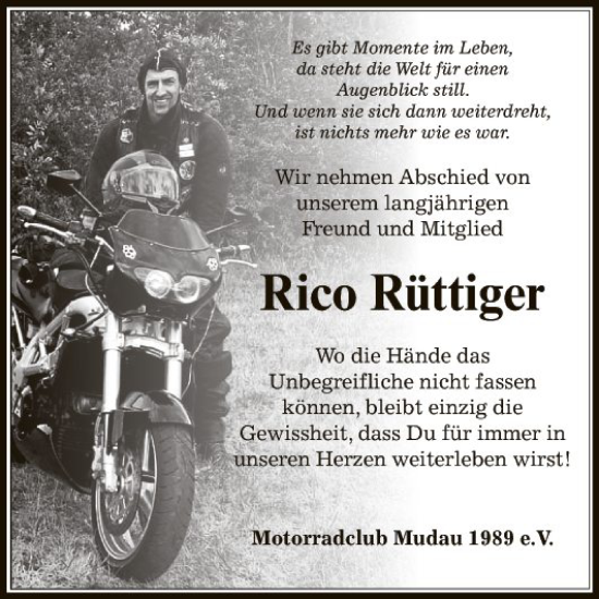 Traueranzeige von Rico Rüttiger von Fränkische Nachrichten