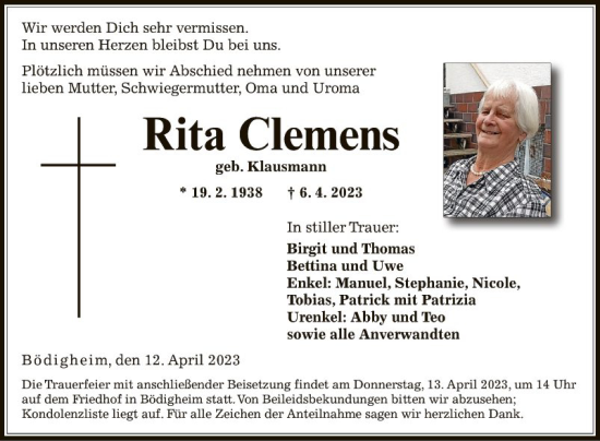 Traueranzeige von Rita Clemens von Fränkische Nachrichten