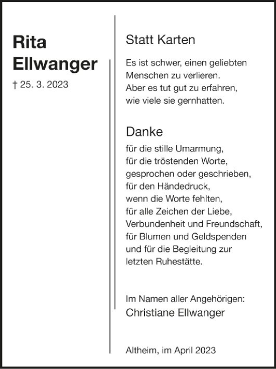 Traueranzeige von Rita Ellwanger von Fränkische Nachrichten