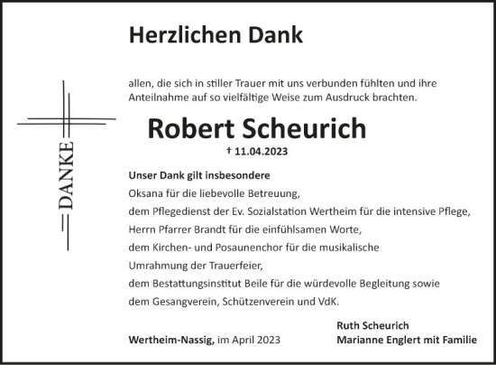 Traueranzeige von Robert Scheurich von Fränkische Nachrichten