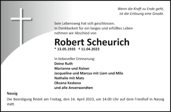 Traueranzeige von Robert Scheurich von Fränkische Nachrichten