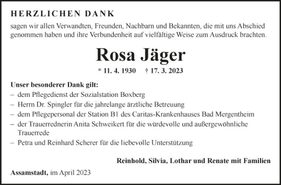 Traueranzeige von Rosa Jäger von Fränkische Nachrichten