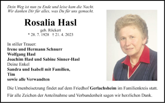 Traueranzeige von Rosalia Hasl von Fränkische Nachrichten