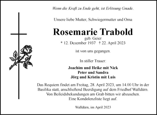 Traueranzeige von Rosemarie Trabold von Fränkische Nachrichten