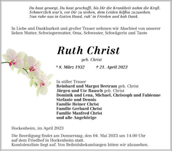 Traueranzeige von Ruth Christ von Schwetzinger Zeitung