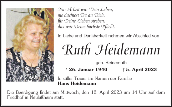 Traueranzeige von Ruth Heidemann von Schwetzinger Zeitung