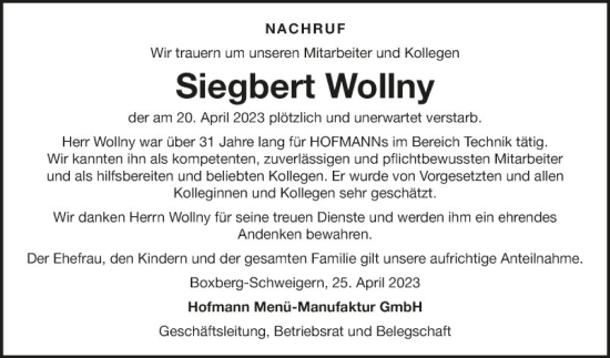 Traueranzeige von Siegbert Wollny von Fränkische Nachrichten