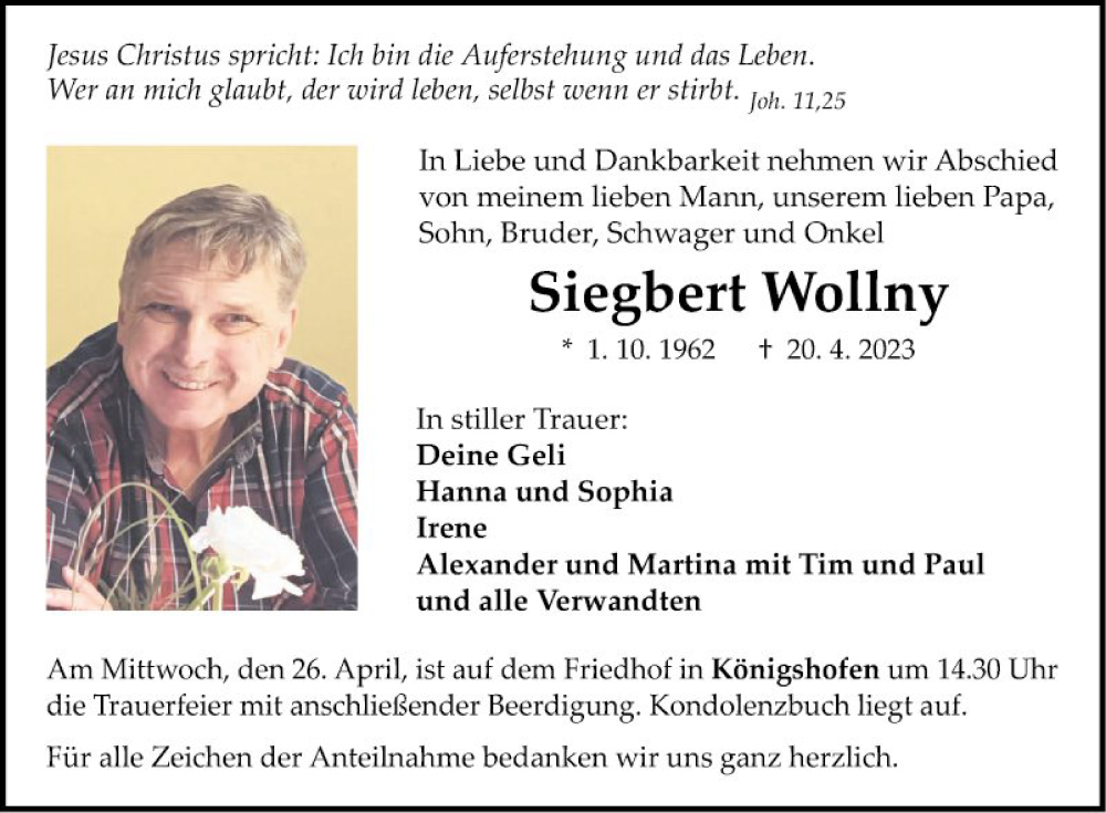  Traueranzeige für Siegbert Wollny vom 25.04.2023 aus Fränkische Nachrichten