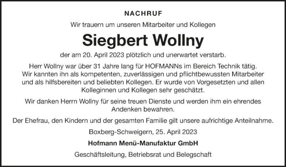  Traueranzeige für Siegbert Wollny vom 26.04.2023 aus Fränkische Nachrichten