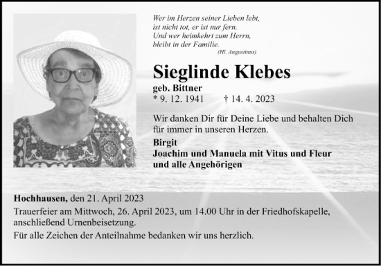 Traueranzeige von Sieglinde Klebes von Fränkische Nachrichten