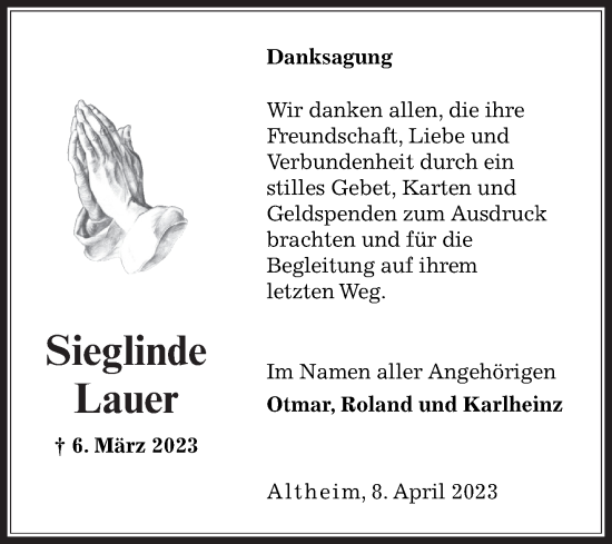 Traueranzeige von Sieglinde Lauer von Fränkische Nachrichten