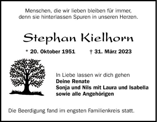 Traueranzeige von Stephan Kielhorn von Mannheimer Morgen