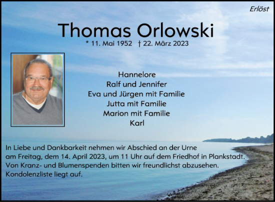 Traueranzeige von Thomas Orlowski von Schwetzinger Zeitung