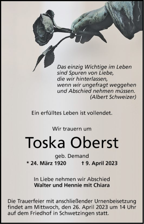 Traueranzeige von Toska Oberst von Schwetzinger Zeitung