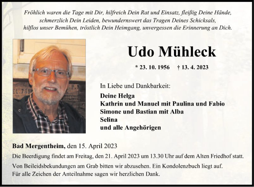  Traueranzeige für Udo Mühleck vom 15.04.2023 aus Fränkische Nachrichten