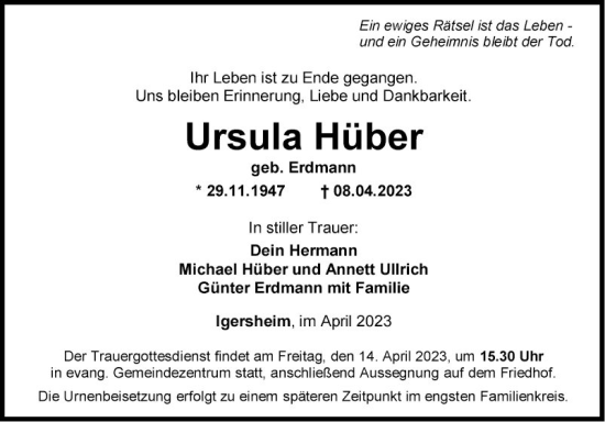 Traueranzeige von Ursula Hüber von Fränkische Nachrichten