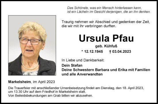 Traueranzeige von Ursula Pfau von Fränkische Nachrichten