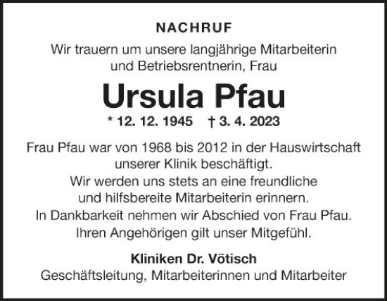 Traueranzeige von Ursula Pfau von Fränkische Nachrichten