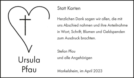 Traueranzeige von Ursula Pfau von Fränkische Nachrichten