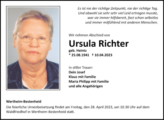 Traueranzeige von Ursula Richter von Fränkische Nachrichten