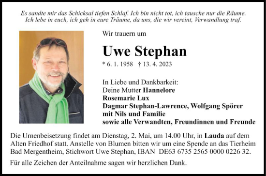 Traueranzeige von Uwe Stephan von Fränkische Nachrichten