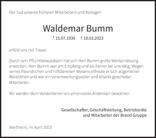 Traueranzeige von Waldemar Bumm von Fränkische Nachrichten