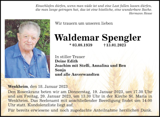 Traueranzeige von Waldemar Spengler von Fränkische Nachrichten