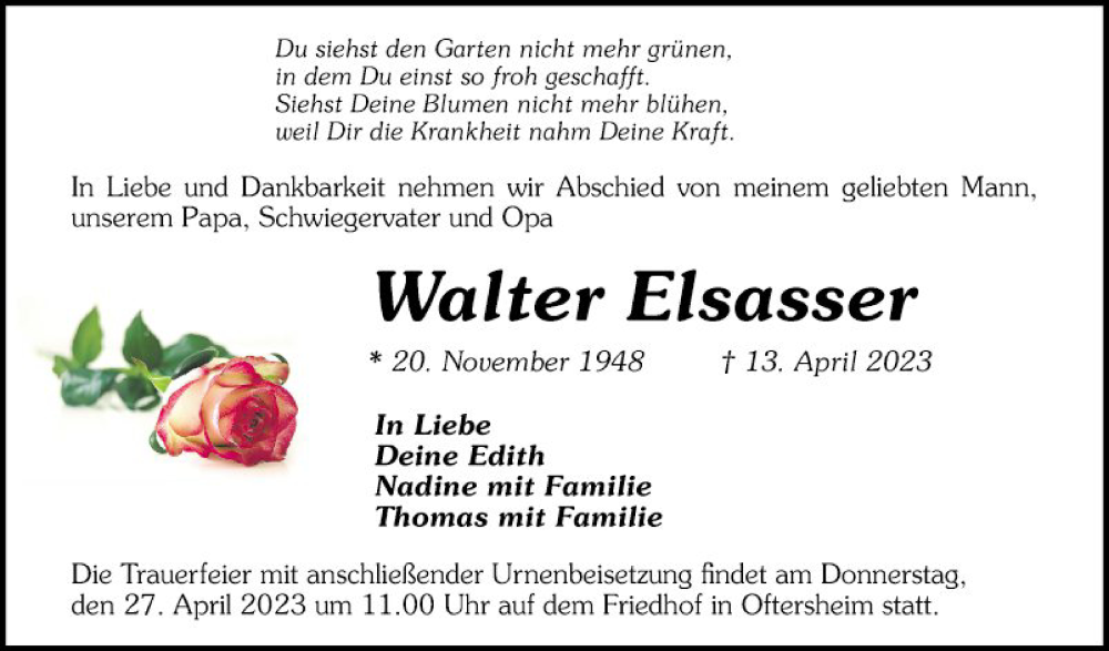  Traueranzeige für Walter Elsasser vom 22.04.2023 aus Schwetzinger Zeitung