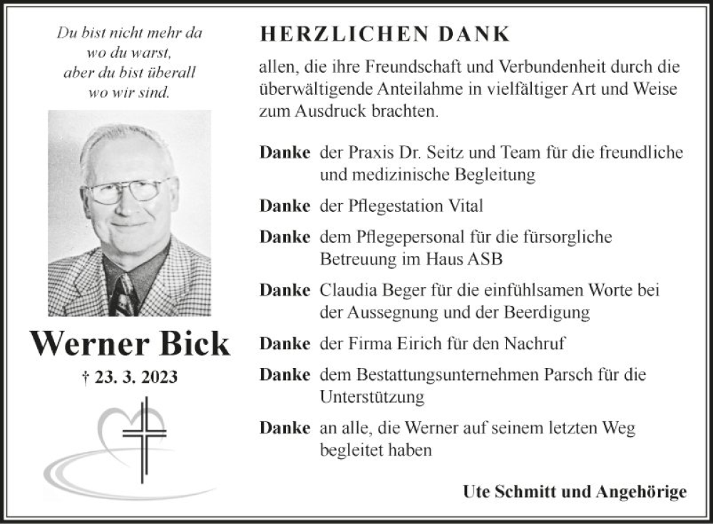  Traueranzeige für Werner Bick vom 29.04.2023 aus Fränkische Nachrichten