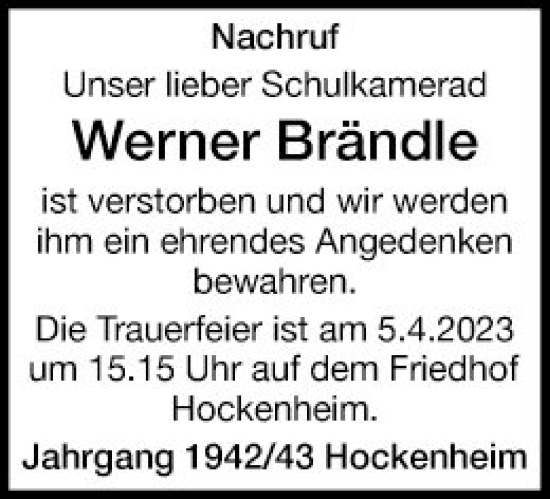 Traueranzeige von Werner Brändle von Schwetzinger Zeitung