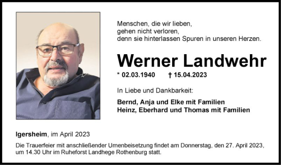 Traueranzeige von Werner Landwehr von Fränkische Nachrichten