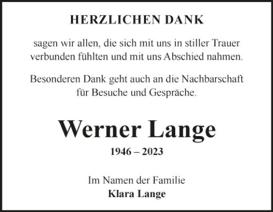 Traueranzeige von Werner Lange von Fränkische Nachrichten