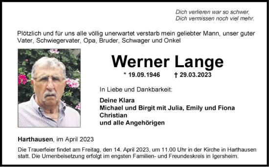 Traueranzeige von Werner Lange von Fränkische Nachrichten