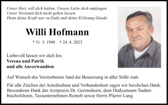 Traueranzeige von Willi Hofmann von Fränkische Nachrichten