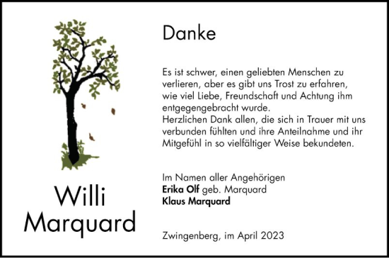 Traueranzeige von Willi Marquard von Bergsträßer Anzeiger